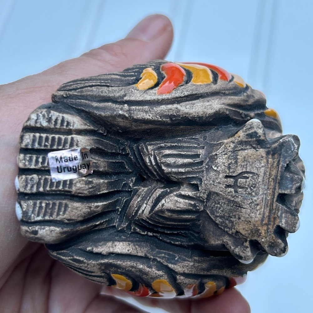 Vintage Artesania Rinconada Owl Figurine Ceramic Red Yellow Signed 3 inch - Picture 6 of 8